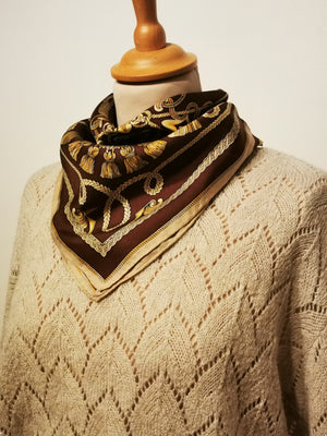 Petit foulard vintage marron et or motifs cordelettes