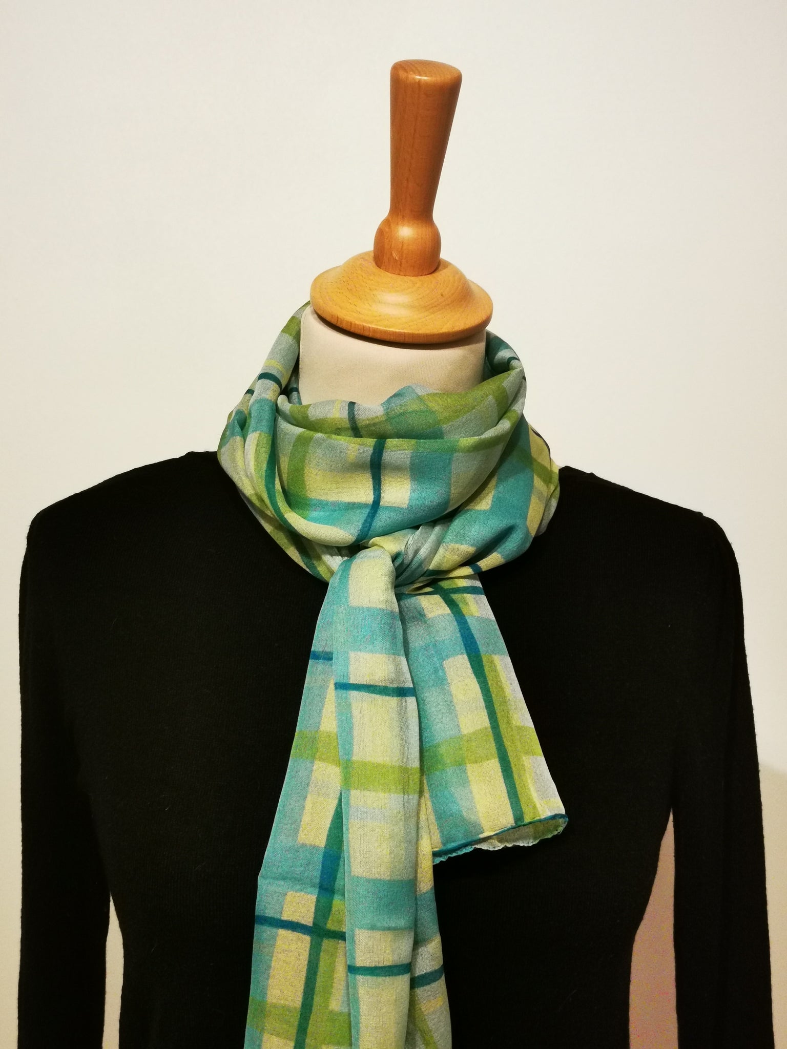 Foulard écharpe vintage vert et bleu à carreaux
