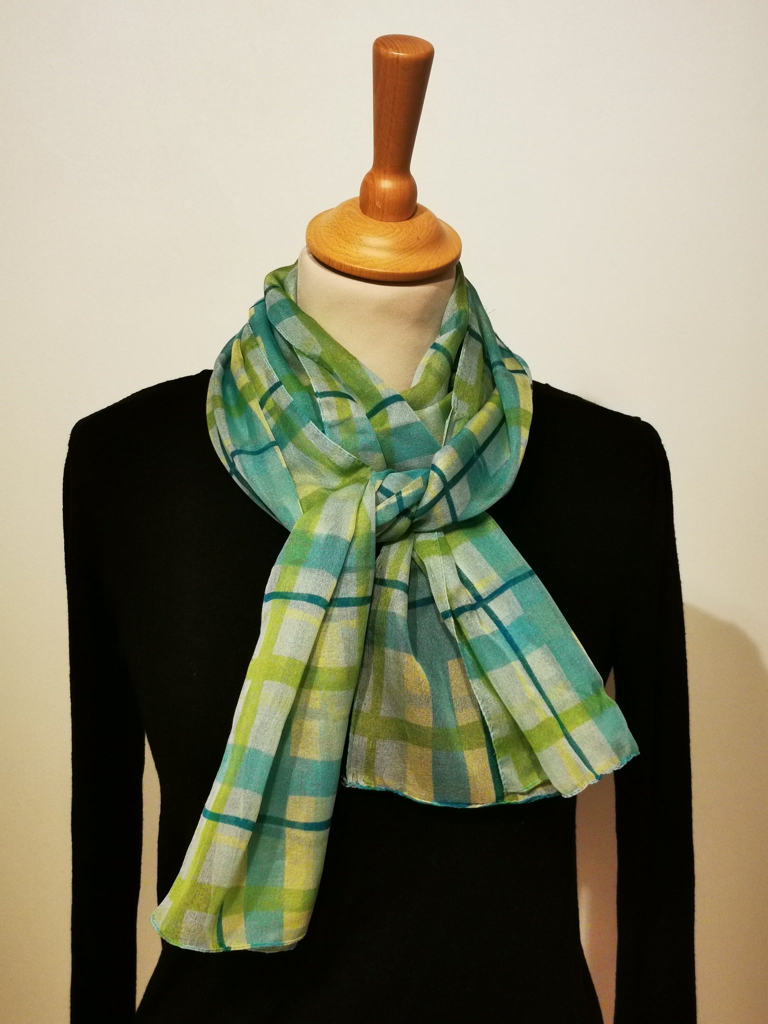 Foulard écharpe vert et bleu à carreaux