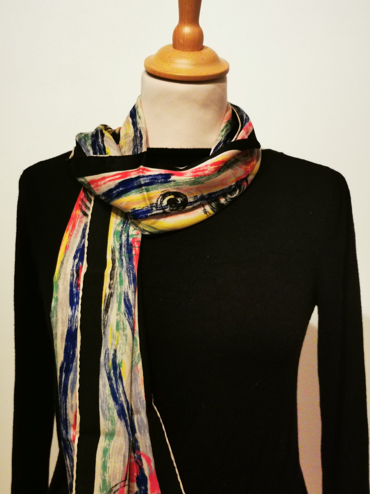 Foulard écharpe vintage noir & coups de pinceaux multicolores