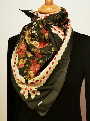 Foulard vintage kaki à fleurs roses et jaunes - Made in Italy