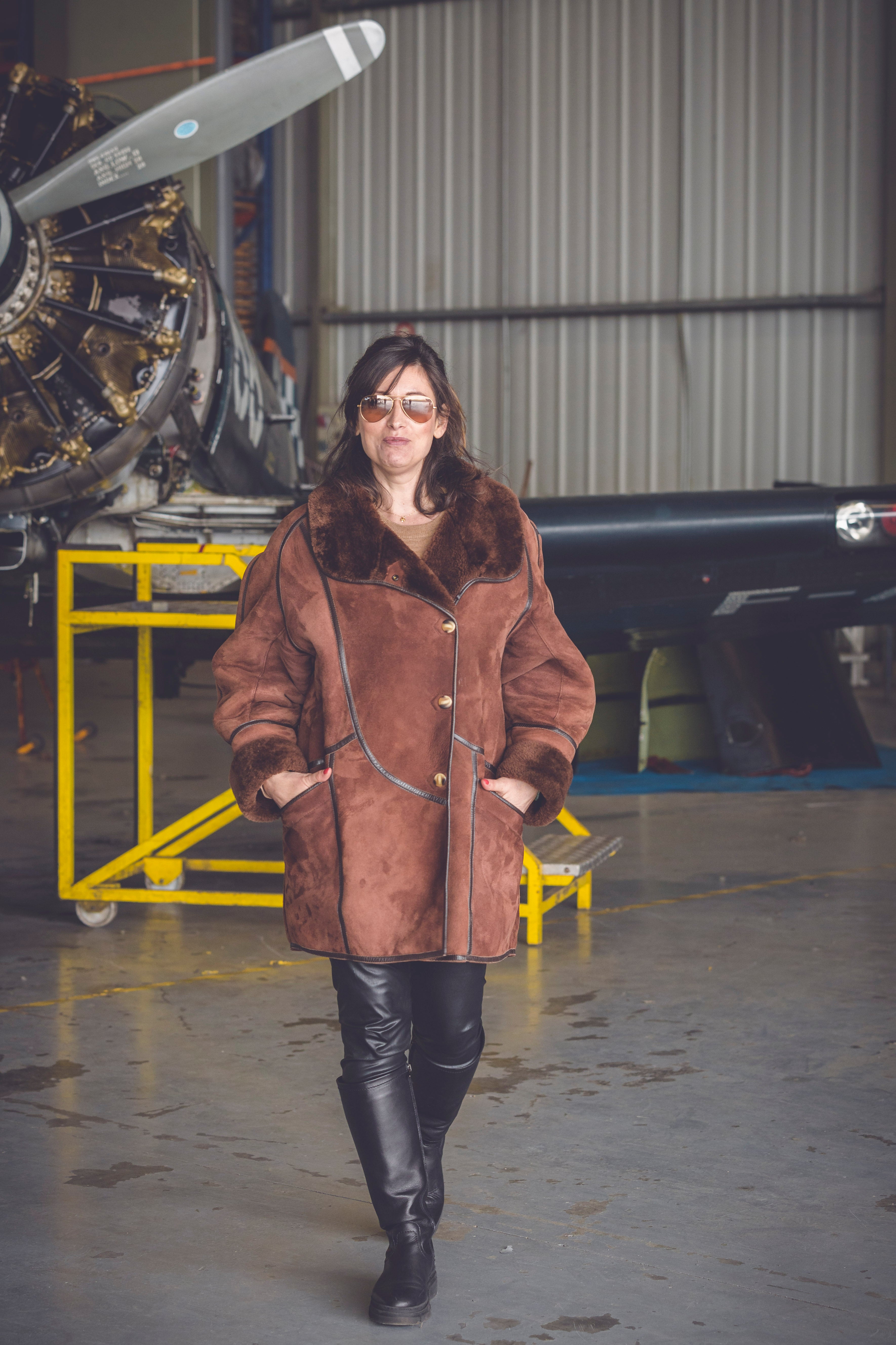 Peau Lainée Blouson Aviateur Marron Femme Manteau Vintage En Peau