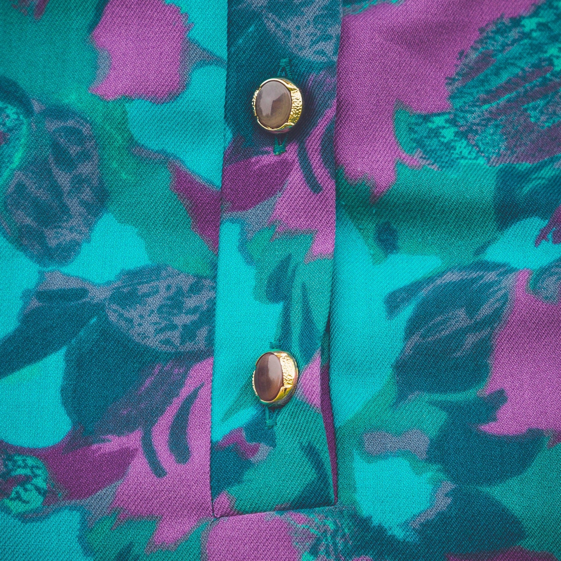 Robe midi col Mao à motifs turquoise & violet - Made in France