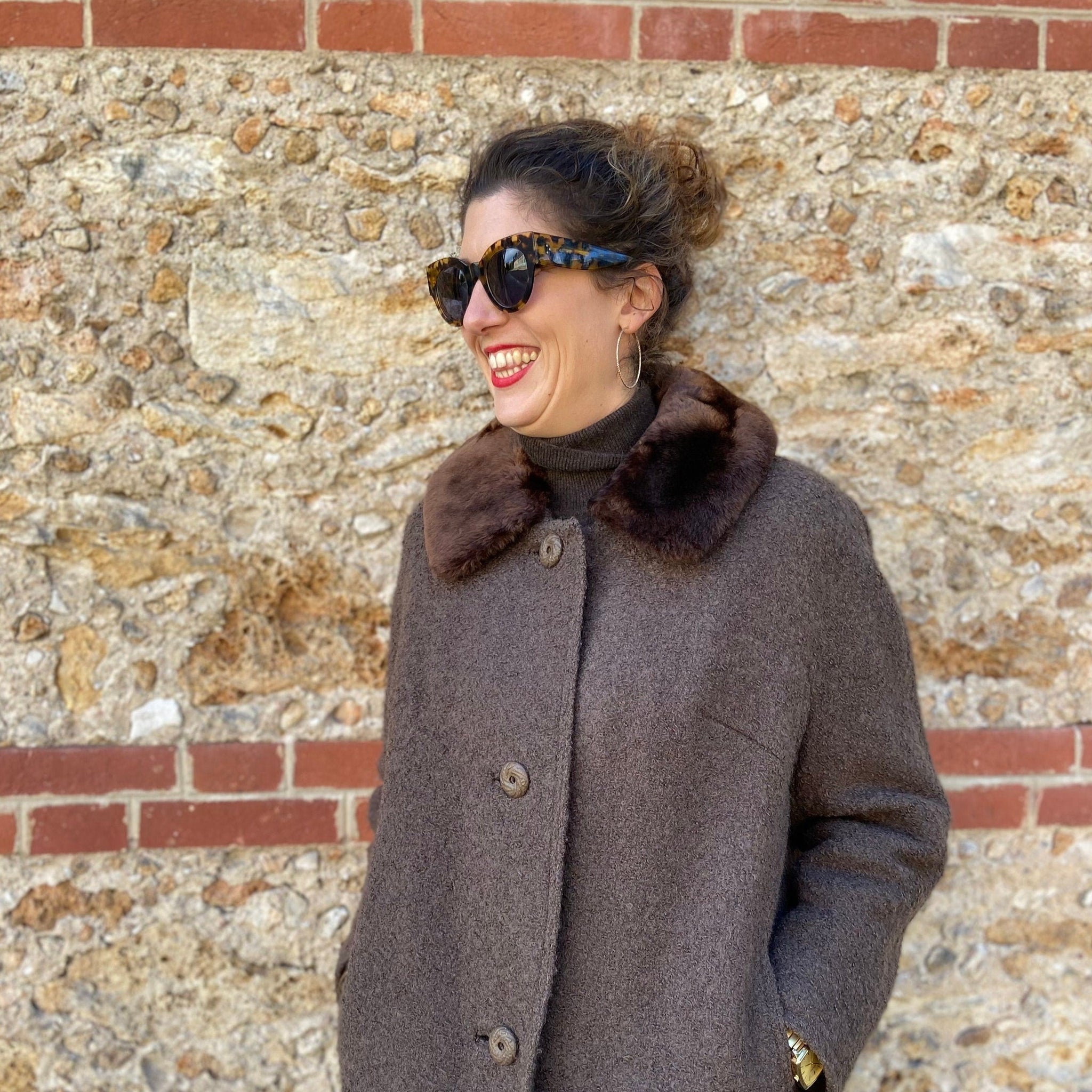 WEILL Manteau en laine marron col fourrure - Made in France