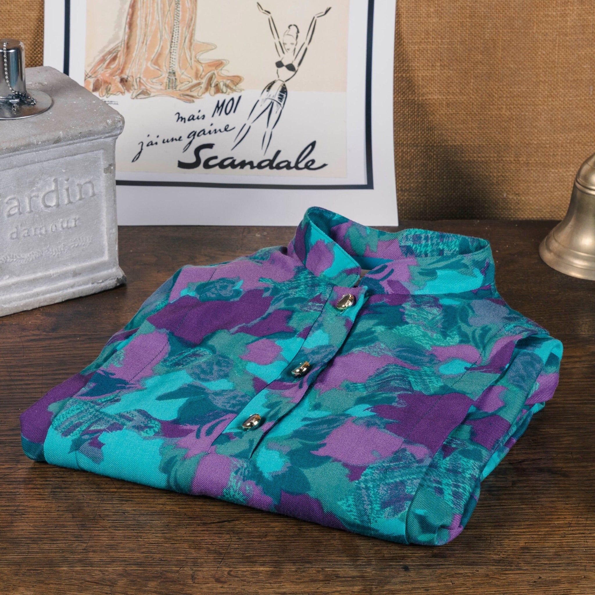 Robe midi col Mao à motifs turquoise & violet - Made in France