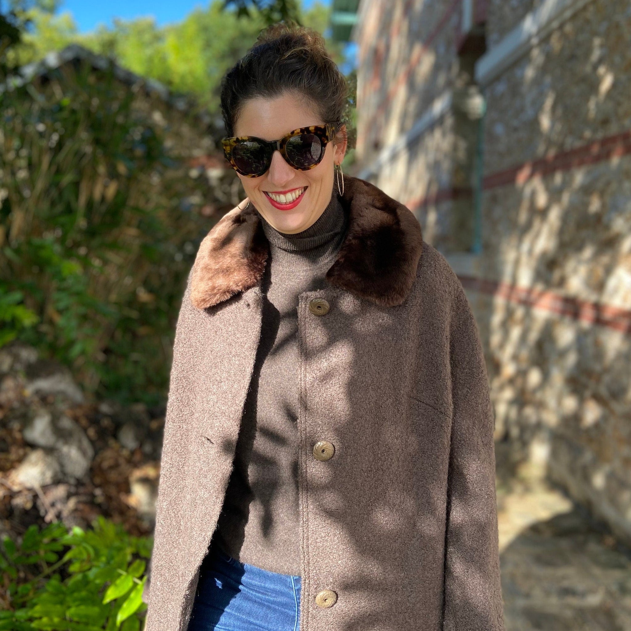 WEILL Manteau en laine marron col fourrure - Made in France