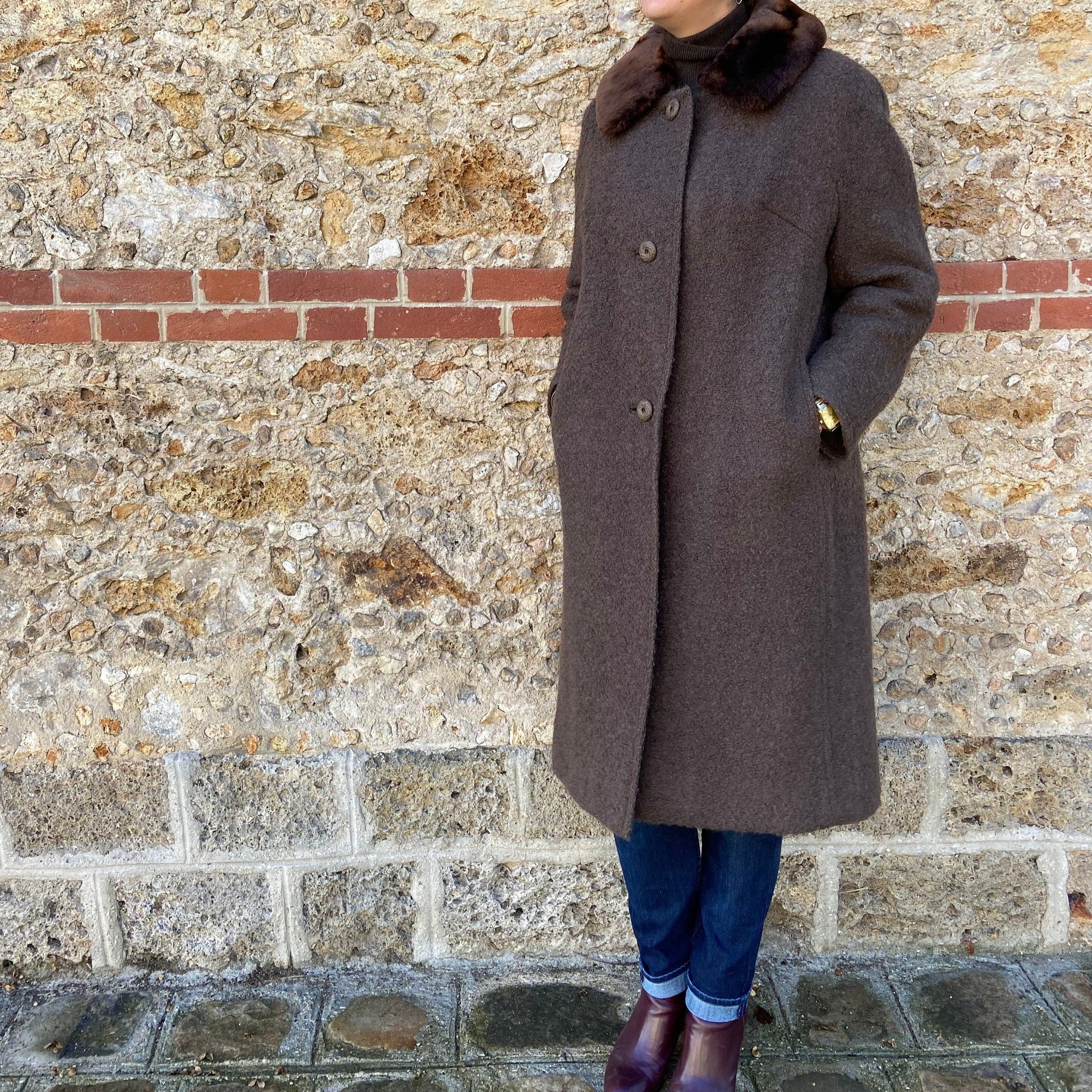 WEILL Manteau en laine marron col fourrure - Made in France